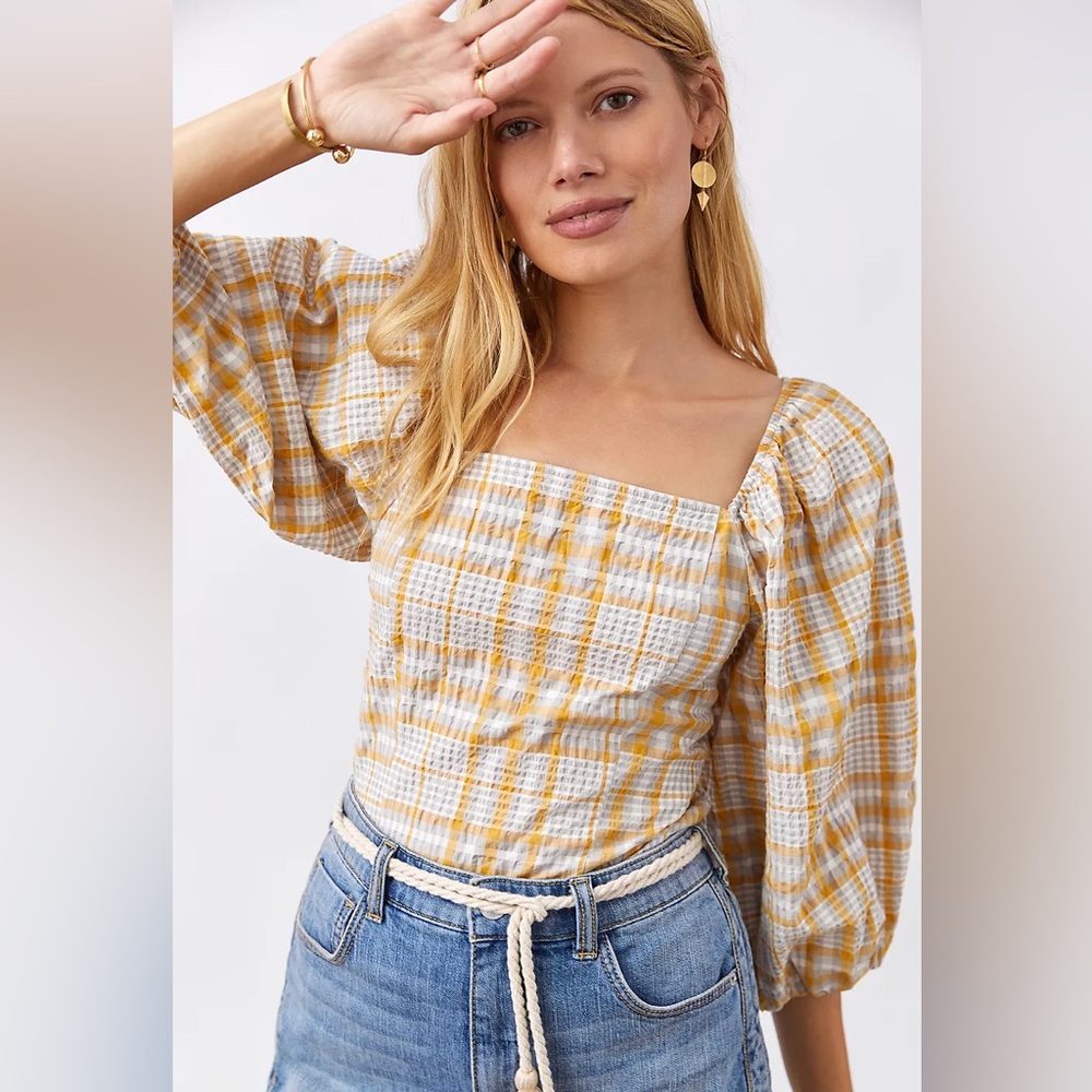 Anthropologie Maeve‎ Plaid Square-Neck Blouse